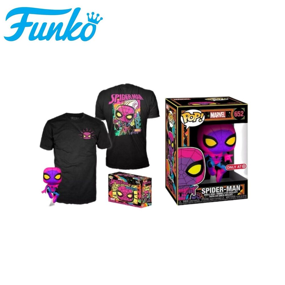 Spider-Man Blacklight 652 Size L T Shirt Box Set Funko Pop Figure NEW